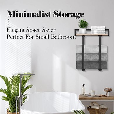 Wall Mounted Metal Towel Rack with Pine Wood Shelf 1 Piece for Small Bathroom or RV Storage