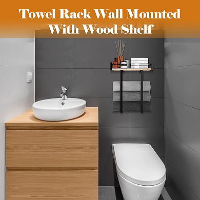 Wall Mounted Metal Towel Rack with Pine Wood Shelf 1 Piece for Small Bathroom or RV Storage