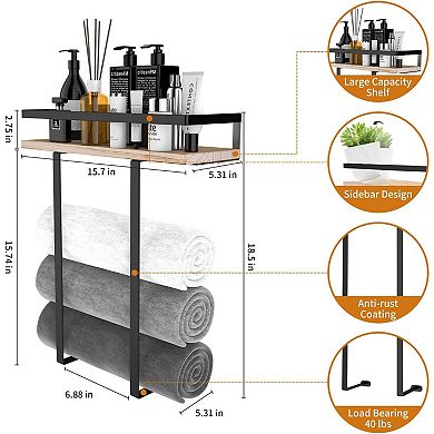 Wall Mounted Metal Towel Rack with Pine Wood Shelf 1 Piece for Small Bathroom or RV Storage