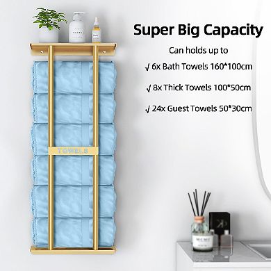 Wall Mounted Bathroom Towel Rack 30 Inch Shelf Holds 6 Large Towels White Space Saver