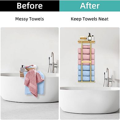 Wall Mounted Bathroom Towel Rack 30 Inch Shelf Holds 6 Large Towels White Space Saver