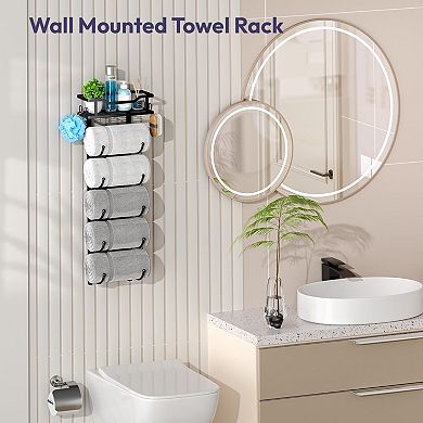 Over the Door 6 Tier Towel Rack with Shelf Wall Mounted Adjustable Metal Storage