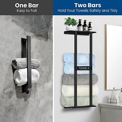 31 Inch Wall Mounted Bathroom Towel Rack Black Holds 6 Large Towels Shelf Space Saving 1 Piece