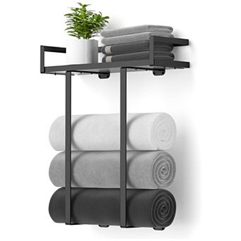 Wall Mounted Towel Rack with Wood Shelf Black Metal Holds 4 Towels for Small Bathroom 1 pc