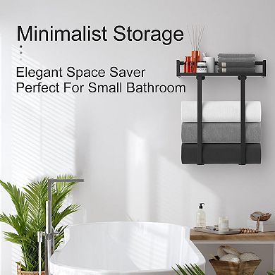 Wall Mounted Towel Rack with Wood Shelf Black Metal Holds 4 Towels for Small Bathroom 1 Piece