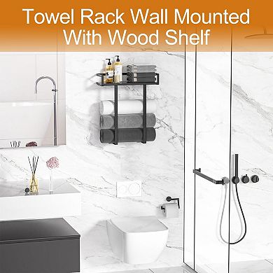 Wall Mounted Towel Rack with Wood Shelf Black Metal Holds 4 Towels for Small Bathroom 1 Piece
