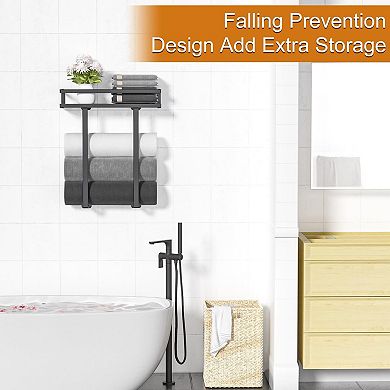 Wall Mounted Towel Rack with Wood Shelf Black Metal Holds 4 Towels for Small Bathroom 1 Piece