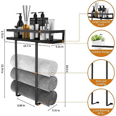Wall Mounted Towel Rack with Wood Shelf Black Metal Holds 4 Towels for Small Bathroom 1 Piece