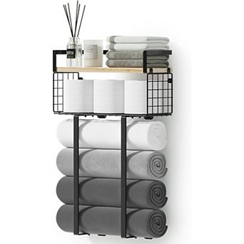 Bathroom Metal Towel Rack with Pine Wood Shelf Storage Basket Holds Up to 40 Pounds 1 pc
