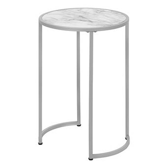 Round White Marble-Look Metal Side Table