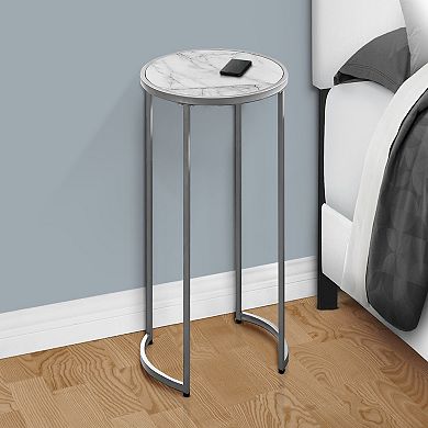 Round White Marble-Look Metal Side Table