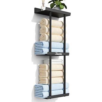 Bathroom Towel Rack Wall Mounted Black Metal Shelf Holds 6 to 8 Rolled Towels 1 pc