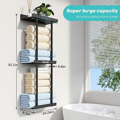 Bathroom Towel Rack Wall Mounted Black Metal Shelf Holds 6 to 8 Rolled Towels 1 Piece