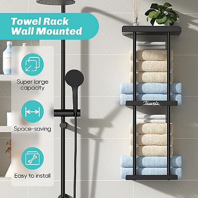 Bathroom Towel Rack Wall Mounted Black Metal Shelf Holds 6 to 8 Rolled Towels 1 Piece