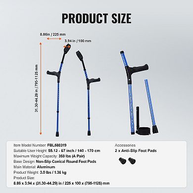 Aluminum Walking Forearm Crutches with Adjustable Height & Cuffs