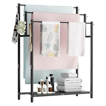 44 Inch Tall 3 tier Metal Towel Rack with 6 Hooks and Shelf for Bathroom Pool Black 1 pc