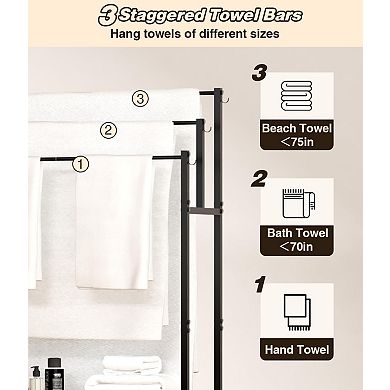 44 Inch Tall 3 Tier Metal Towel Rack with 6 Hooks and Shelf for Bathroom Pool Black 1 Piece
