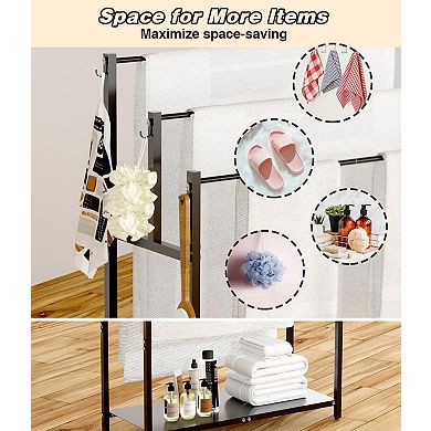44 Inch Tall 3 Tier Metal Towel Rack with 6 Hooks and Shelf for Bathroom Pool Black 1 Piece