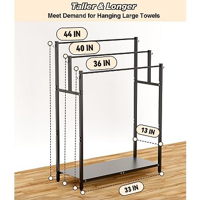 44 Inch Tall 3 Tier Metal Towel Rack with 6 Hooks and Shelf for Bathroom Pool Black 1 Piece