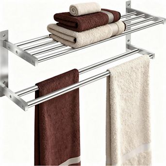 24 inch 2 tier Bathroom Wall Mounted Towel Rack Shelf Double Bar Stainless Steel 1 pc