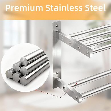 24 inch 2 Tier Bathroom Wall Mounted Towel Rack Shelf Double Bar Stainless Steel 1 Piece
