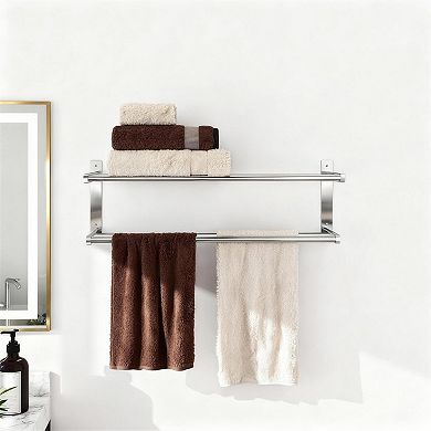 24 inch 2 Tier Bathroom Wall Mounted Towel Rack Shelf Double Bar Stainless Steel 1 Piece