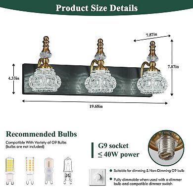 3-Light Vintage Crystal Glass Vanity Light Fixture