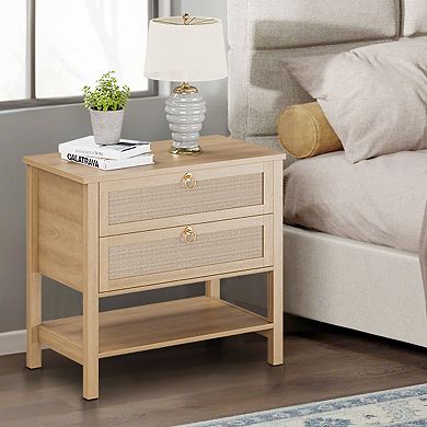 Set of 2 Rattan Nightstands - Mid Century Modern Bedside Table with Drawers & Storage Shelf