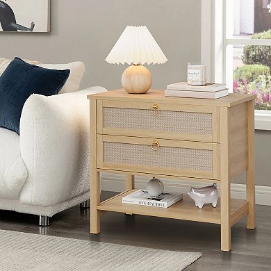 Set of 2 Rattan Nightstands - Mid Century Modern Bedside Table with Drawers & Storage Shelf