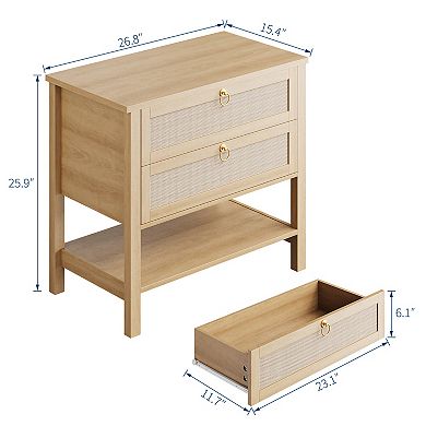 Set of 2 Rattan Nightstands - Mid Century Modern Bedside Table with Drawers & Storage Shelf