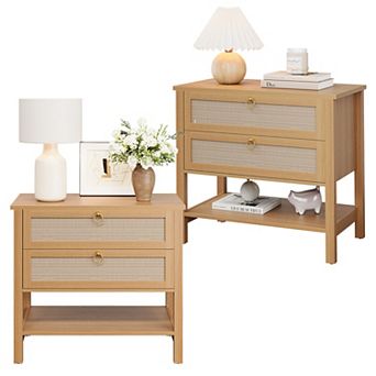 Set of 2 Rattan Nightstands - Mid Century Modern Bedside Table with Drawers & Storage Shelf