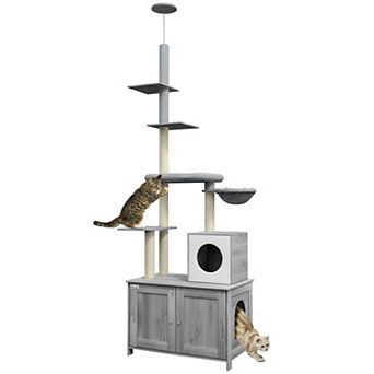 Combined Floor To Ceiling Cat Tower Integrated Litter Box Enclosure For Home