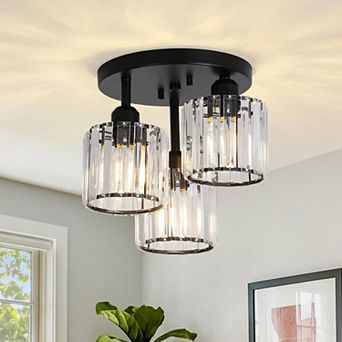 3-Light Black Crystal Semi Flush Mount Ceiling Light