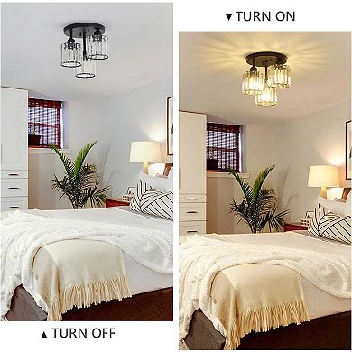 3-Light Black Crystal Semi Flush Mount Ceiling Light
