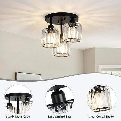 3-Light Black Crystal Semi Flush Mount Ceiling Light