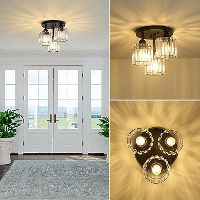 3-Light Black Crystal Semi Flush Mount Ceiling Light