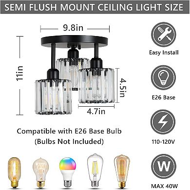 3-Light Black Crystal Semi Flush Mount Ceiling Light