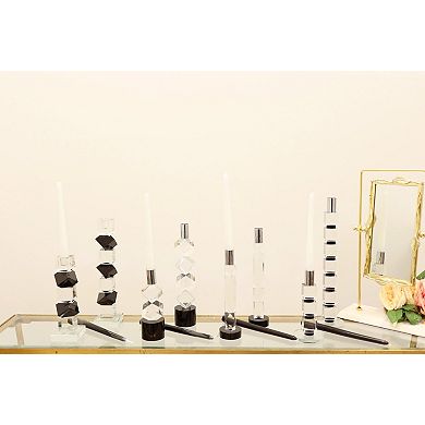 HomeRoots 10" Silver Clear And Black Faceted Crystal Tabletop Taper Candlestick