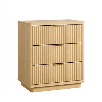 3 Drawers Nightstand Fluted Bedside Table With Outlet, Light Wood Night Stand with Storage