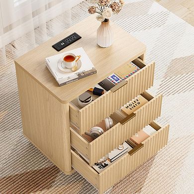 3 Drawers Nightstand Fluted Bedside Table With Outlet, Light Wood Night Stand with Storage