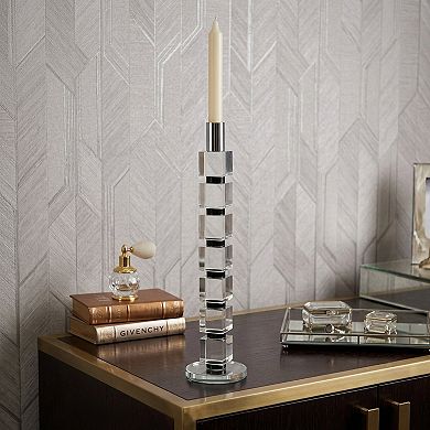 HomeRoots 15" Silver Clear And Black Crystal Tabletop Taper Candlestick