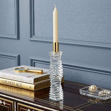 HomeRoots 12" Clear And Gold Twisted Crystal Tabletop Taper Candlestick
