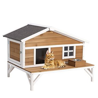 Elevated Wooden Cat Shelter With Full Insulation And Large Outdoor Platform