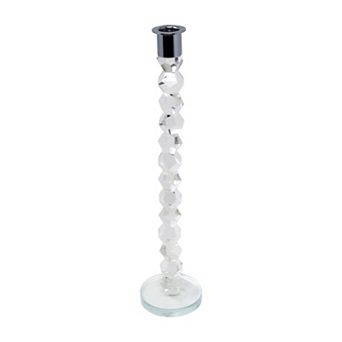 HomeRoots 14" Clear And Silver Geo Stacks Crystal Tabletop Taper Candlestick