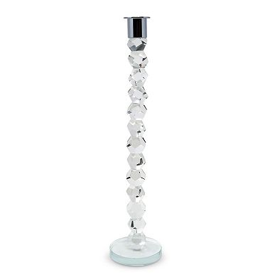 HomeRoots 14" Clear And Silver Geo Stacks Crystal Tabletop Taper Candlestick