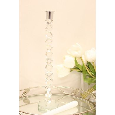 HomeRoots 14" Clear And Silver Geo Stacks Crystal Tabletop Taper Candlestick