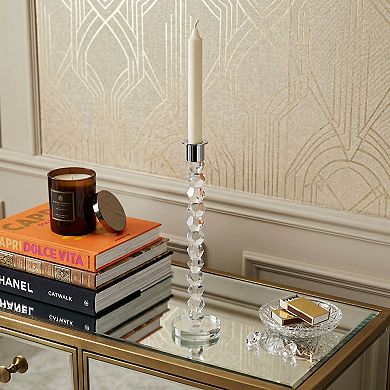 HomeRoots 14" Clear And Silver Geo Stacks Crystal Tabletop Taper Candlestick