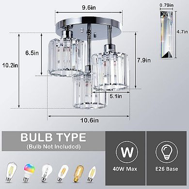 3-Light Crystal Semi Flush Mount Ceiling Light