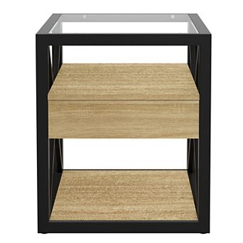 End Table with Storage Drawer and Tempered Glass Top for Living Room