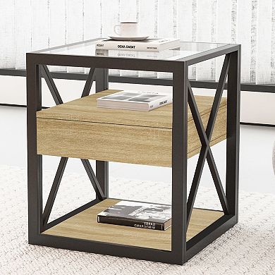 End Table with Storage Drawer and Tempered Glass Top for Living Room